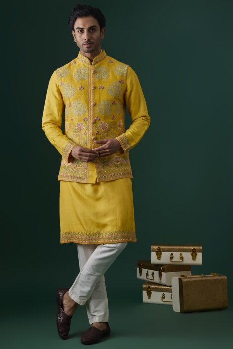 Yellow Raw Silk Hand & Machine Embroidered Bundi Jacket Set