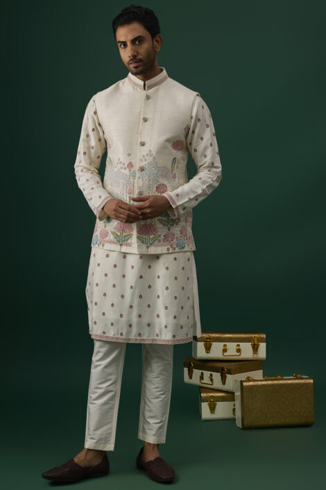 Off-White Raw Silk Resham Embroidered Bundi Jacket Set