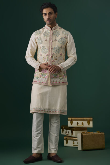 Off-White Raw Silk Hand & Machine Embroidered Bundi Jacket Set