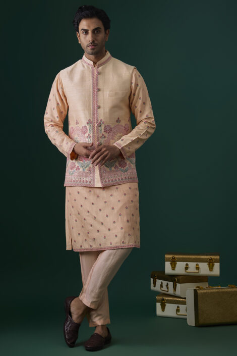 Peach Raw Silk Hand & Machine Embroidered Bundi Jacket Set
