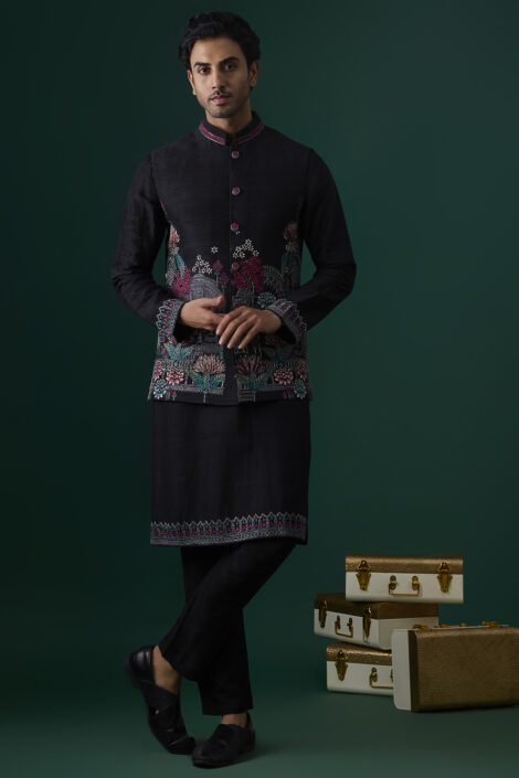 Black Raw Silk Hand & Machine Embroidered Bundi Jacket Set