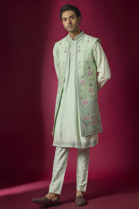 Mint Raw Silk Hand & Machine Embroidered Indowestern Set