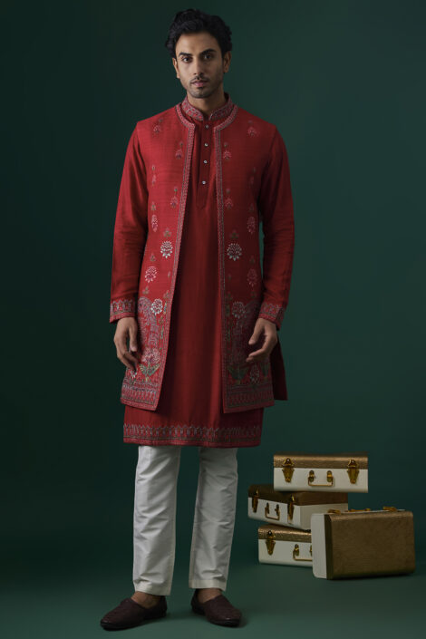 Red Raw Silk Hand & Machine Embroidered Indowestern Set