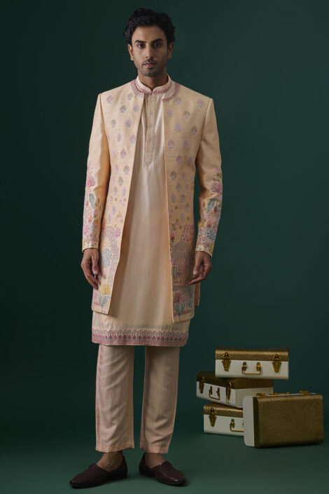 Peach Raw Silk Hand & Machine Embroidered Indowestern Set
