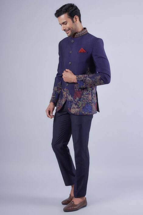 Navy Blue Tussar Resham Embroidered Bandhgala Set